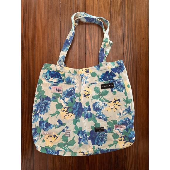 SOLD! Vintage Handmade Floral Denim / Jeans Tag Patchwork Bag Tote - Picture 4 of 7